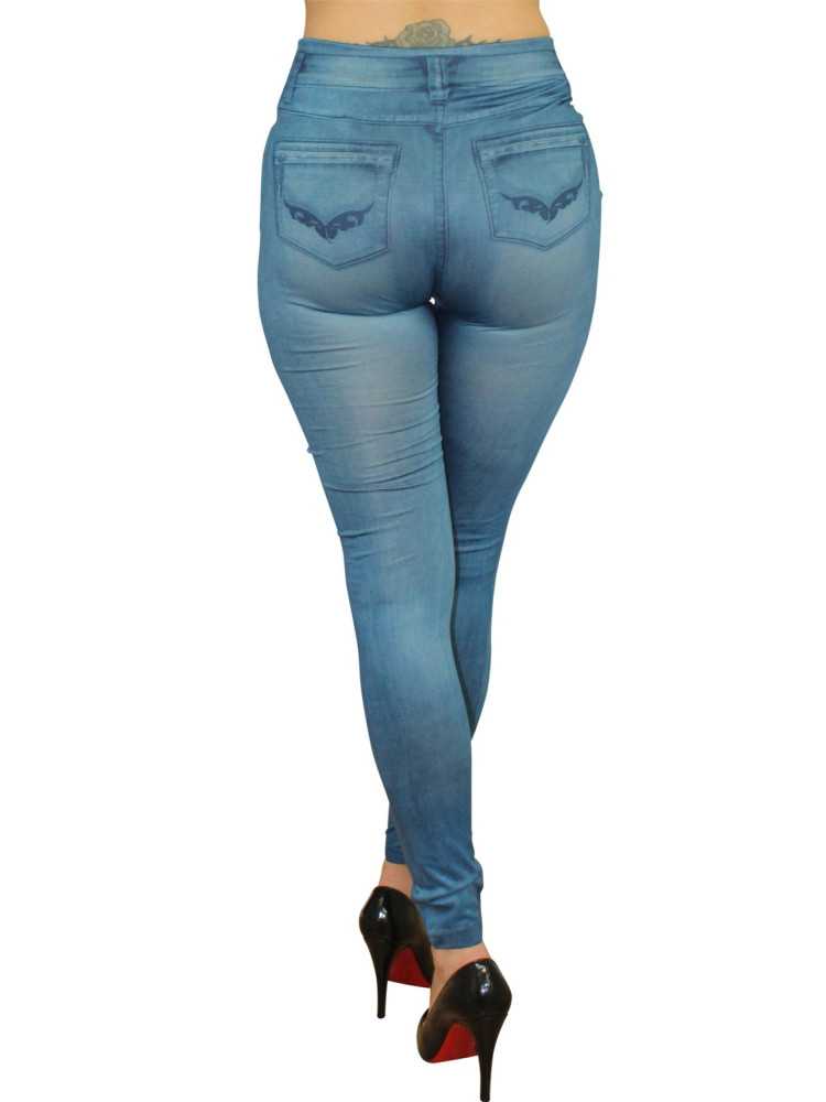 Legging bleu style jean moulant avec impressions sur poches - FD1018