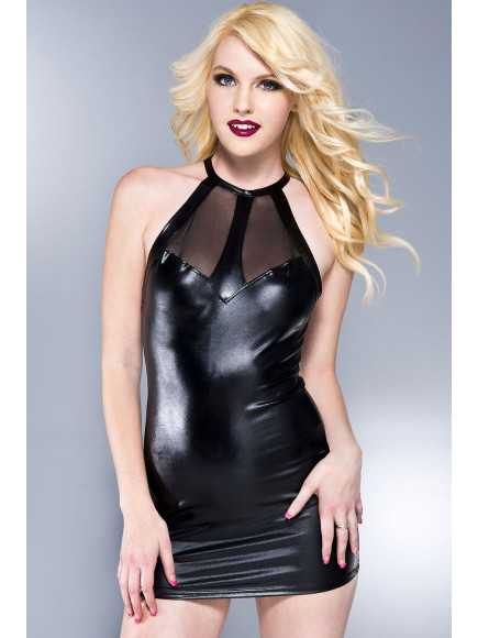Robe noire très courte wetlook ras de cou - ML60033BLK