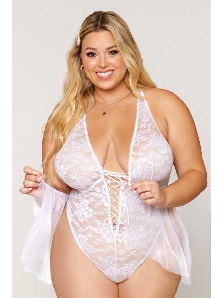 Body grande taille dentelle blanc avec tulle amovible - DG12918XWHT