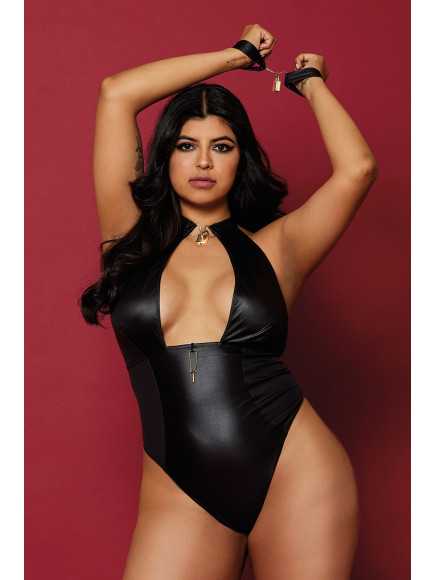 Body wetlook noir  grande taille avec menottes, cadenas bijoux et clé bijou inclus - DG12814XBLK