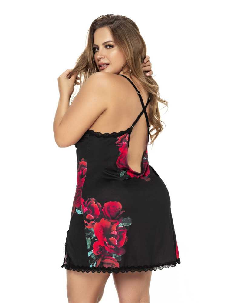 Nuisette noire grande taille motif fleuri et string assorti - MAL7438XBLF