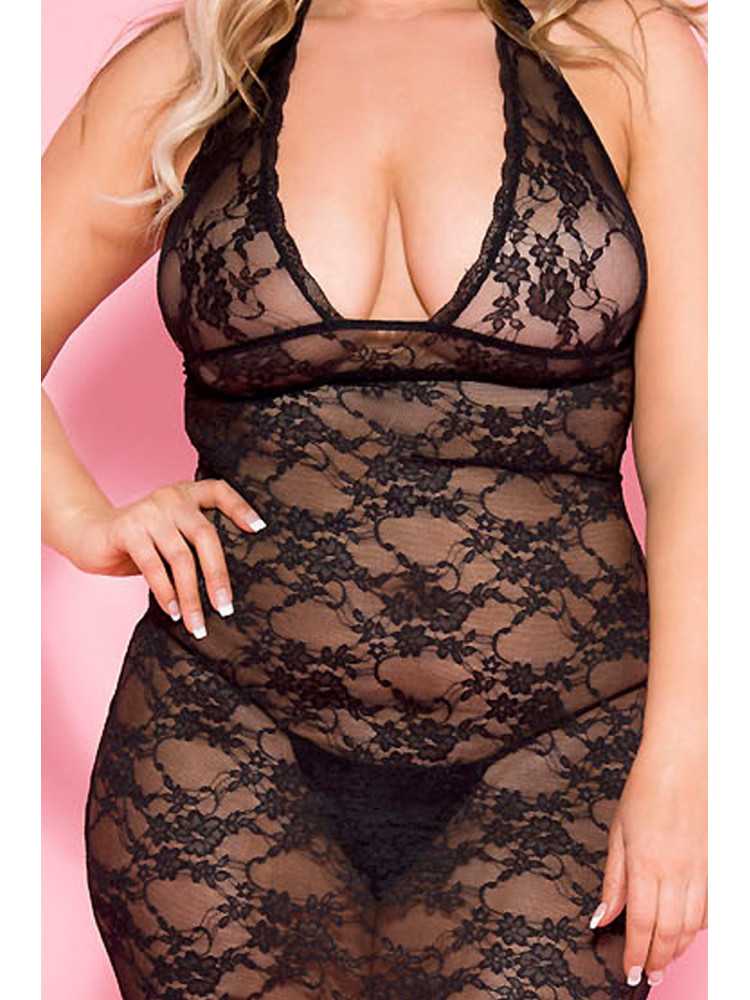 Nuisette grande taille longue noire décolletée dentelle florale - ML53012XBLK