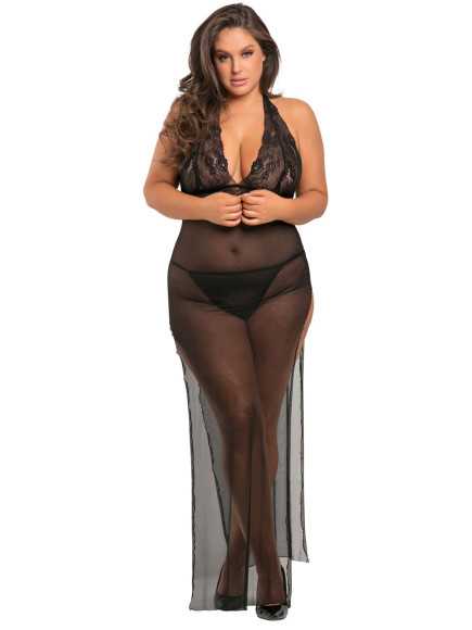 Nuisette longue grande taille fendue transparente - REN51004X-BLK