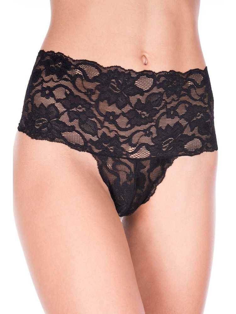 Tanga string noir grande taille large bande haute de dentelle florale - ML10021XBLK