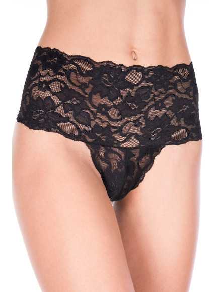 Tanga string noir grande taille large bande haute de dentelle florale - ML10021XBLK
