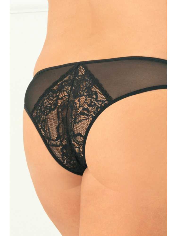 Tanga ouvert noir grande taille avec pièces dentelle sur les fesses - REN1141X-BLK
