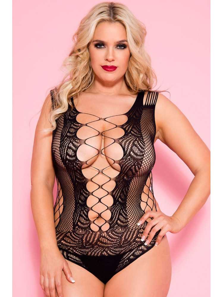 Body noir grande taille résille motifs ouverture avant arrière - ML8629XBLK