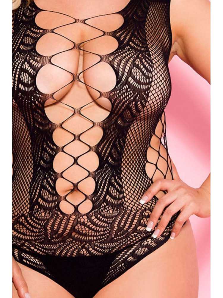 Body noir grande taille résille motifs ouverture avant arrière - ML8629XBLK