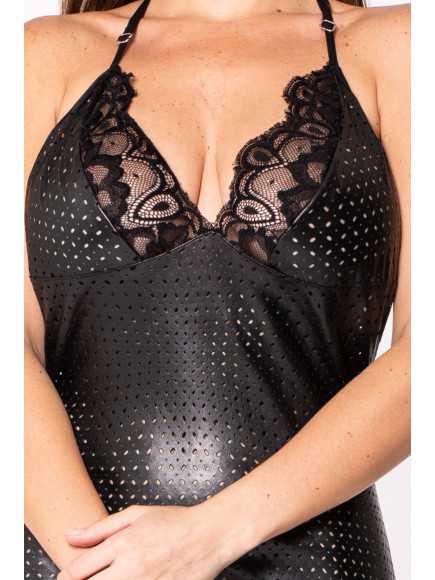 Robe cocktail noire simili cuir et dentelle Sophia - LDL2
