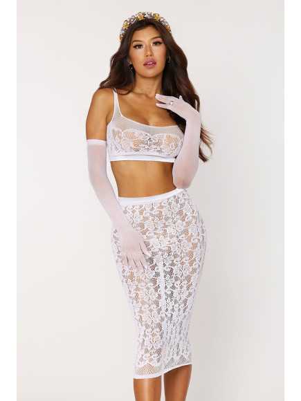 Ensemble 2 pièces, brassière résille fantaisie et jupe longue assorti - DG12921WHT