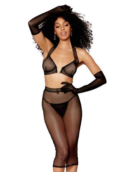 Ensemble 2 pièces, soutien gorge et jupe longue transparente noir - DG12770BLK