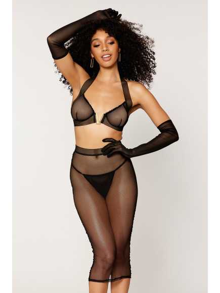 Ensemble 2 pièces, soutien gorge et jupe longue transparente noir - DG12770BLK