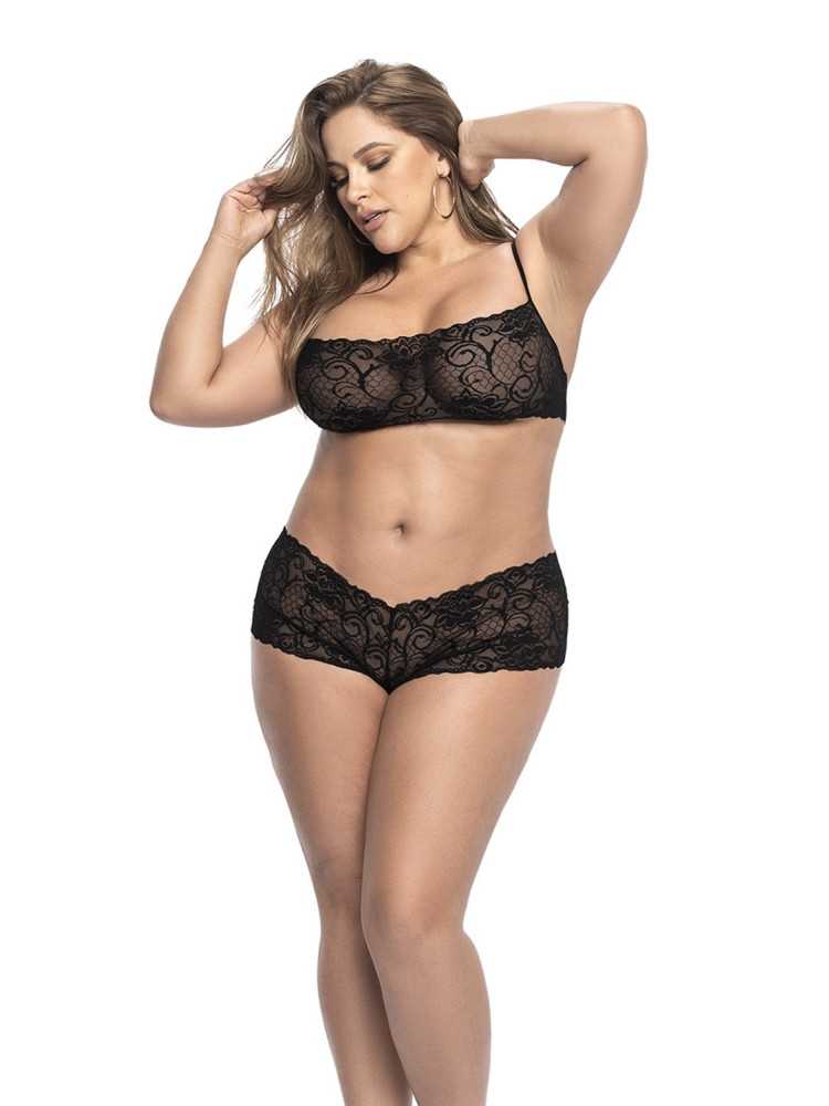 Ensemble lingerie noir, grande taille, avec top bustier et shorty dentelle  - MAL206XBLK