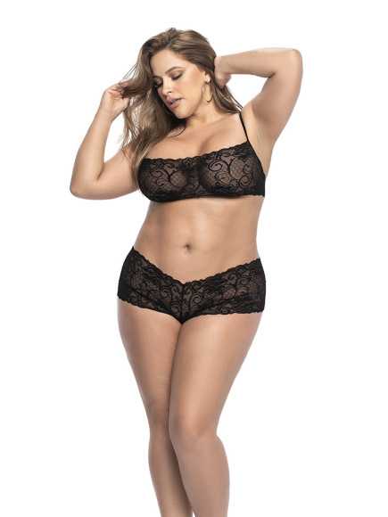 Ensemble lingerie noir, grande taille, avec top bustier et shorty dentelle  - MAL206XBLK