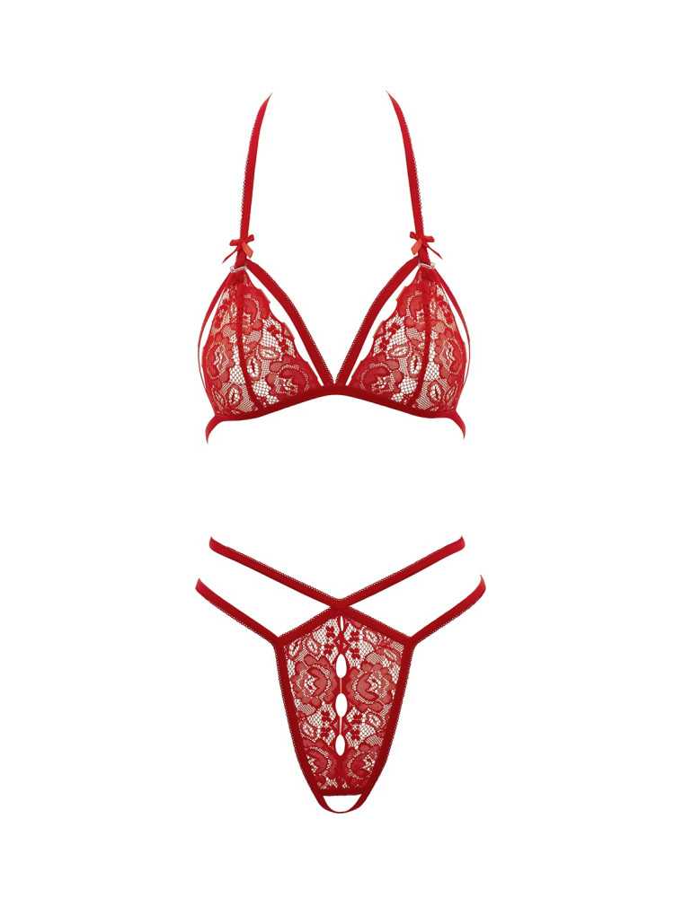 Soutien-gorge en dentelle rouge avec bonnets détachables et string - R221125430