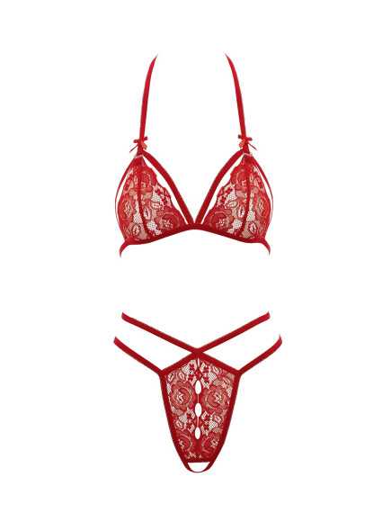 Soutien-gorge en dentelle rouge avec bonnets détachables et string - R221125430
