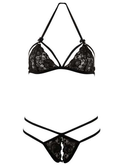 Soutien-gorge en dentelle noire avec bonnets détachables et string - R221125410