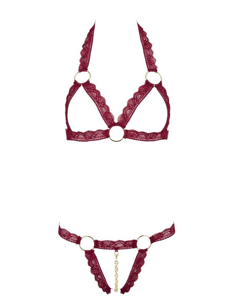 Soutien-gorge ouvert et string rouge à larges bandes sexy - R2213010