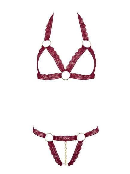 Soutien-gorge ouvert et string rouge à larges bandes sexy - R2213010