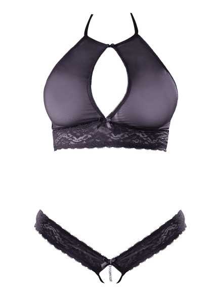 Soutien-gorge bandeau, en dentelle et résille noire et string ouvert - R2213648