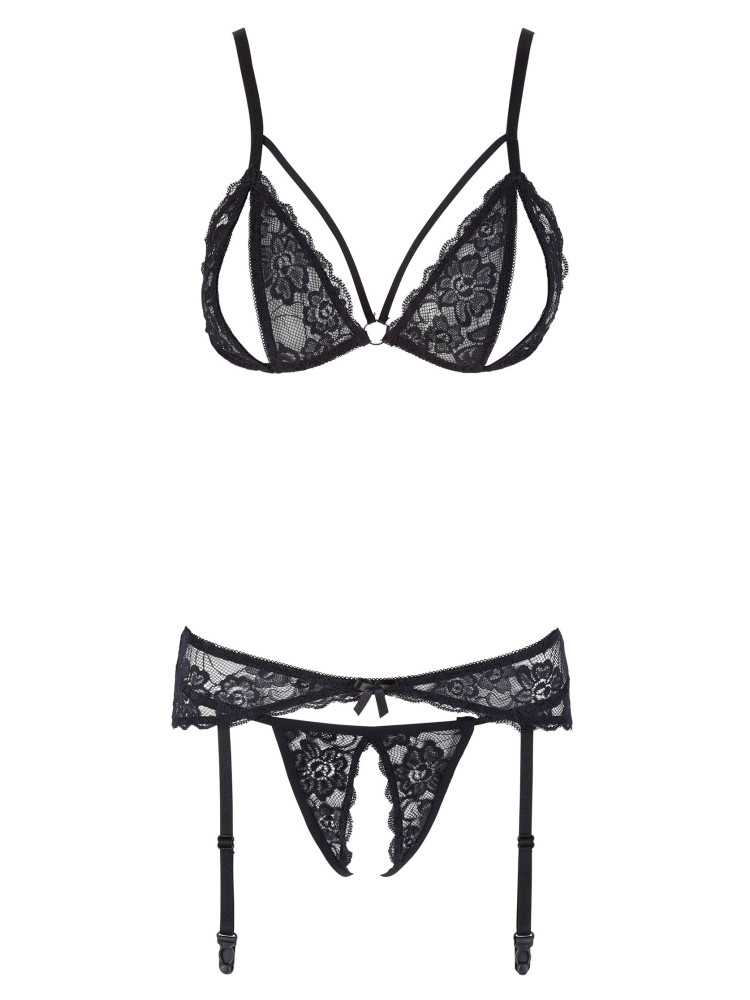 Ensemble trois pièces avec soutien-gorge fendu, porte-jarretelles et string noir - R2230348