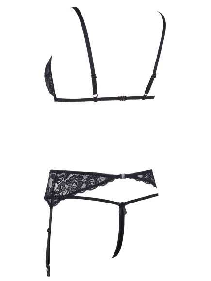 Ensemble trois pièces avec soutien-gorge fendu, porte-jarretelles et string noir - R2230348