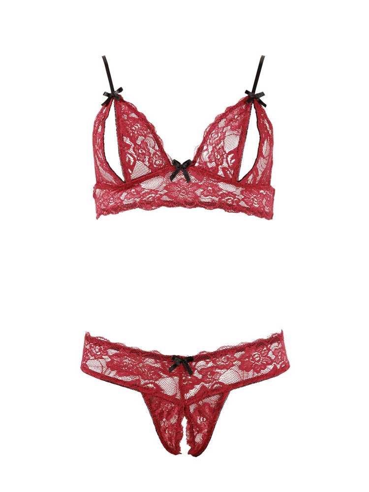 Soutien-gorge, bonnets ouverts, en dentelle rouge et string assorti - R2212447