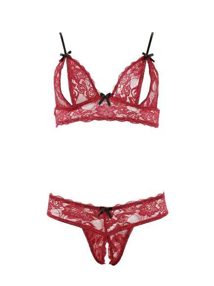 Soutien-gorge, bonnets ouverts, en dentelle rouge et string assorti - R2212447
