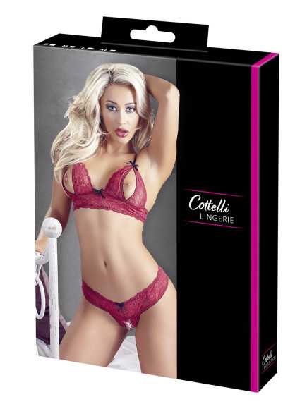 Soutien-gorge, bonnets ouverts, en dentelle rouge et string assorti - R2212447