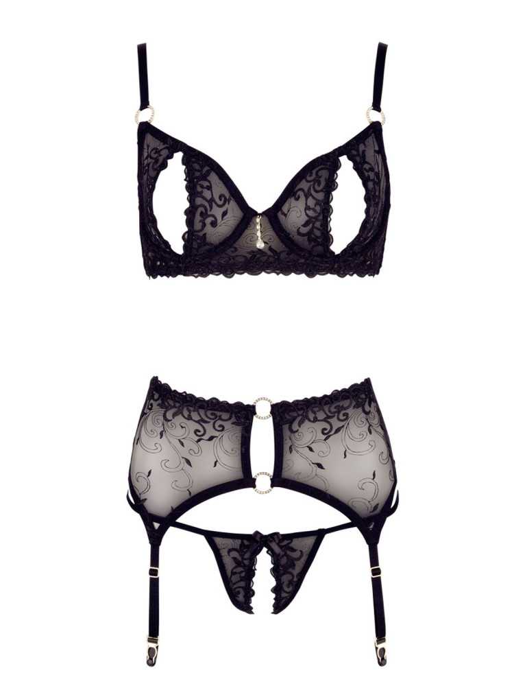 Soutien-gorge dentelle, porte-jarretelles et string ouvert noir - R2213052