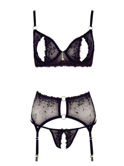 Soutien-gorge dentelle, porte-jarretelles et string ouvert noir - R2213052