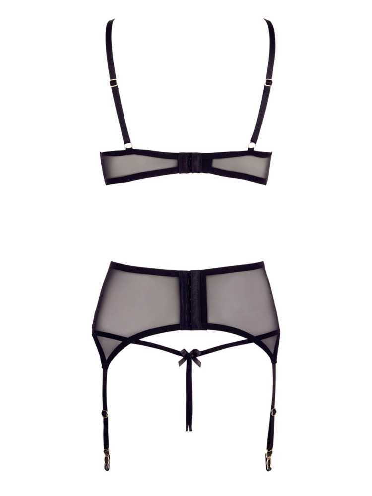 Soutien-gorge dentelle, porte-jarretelles et string ouvert noir - R2213052