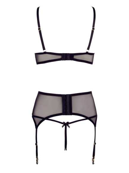 Soutien-gorge dentelle, porte-jarretelles et string ouvert noir - R2213052