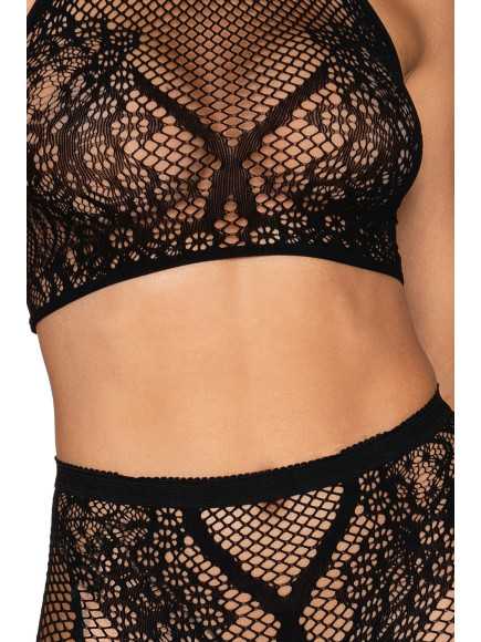 Ensemble Brassière fine résille et collant imprimé - DG0391BLK
