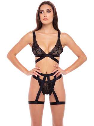Ensemble  pièces soutien-gorge, string et porte jarretelles - REN53022-BLK