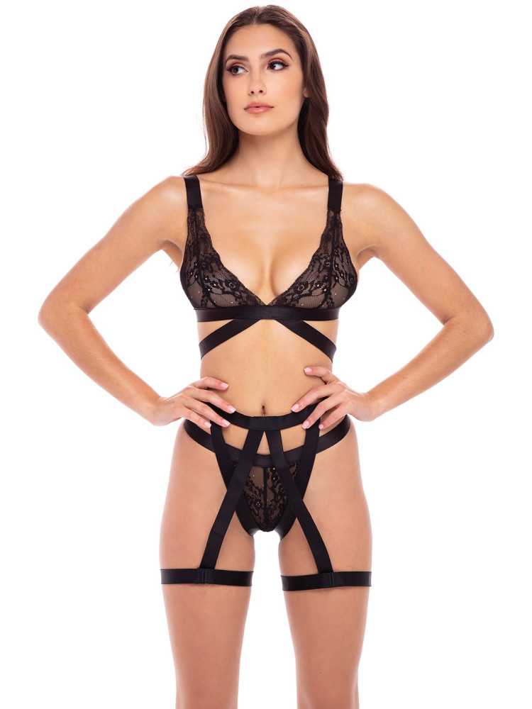 Ensemble  pièces soutien-gorge, string et porte jarretelles - REN53022-BLK