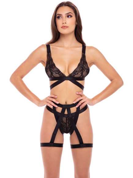 Ensemble  pièces soutien-gorge, string et porte jarretelles - REN53022-BLK