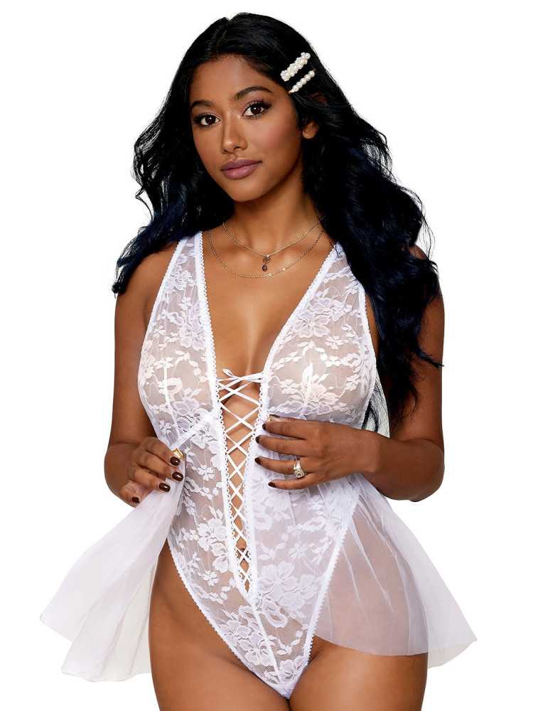 Body dentelle blanc avec tulle amovible - DG12918WHT