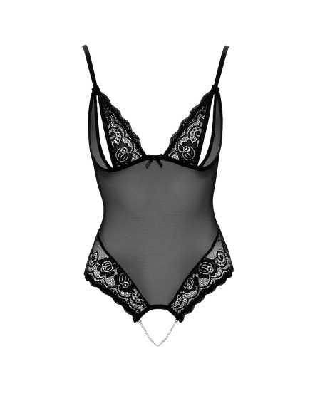 Body string en dentelle et résille noire avec perles à l'entrejambe - R2642425
