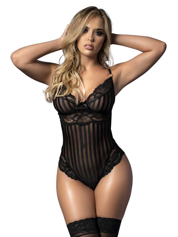 Body dentelle noir,  rayé en dentelle et fine résille - MAL8631BLK