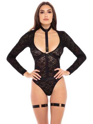 Body dentelle manches longues, harnais et jarretières - REN50019-BLK