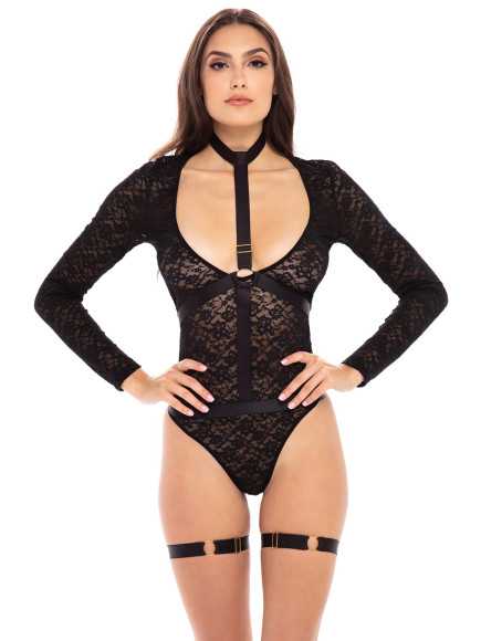 Body dentelle manches longues, harnais et jarretières - REN50019-BLK