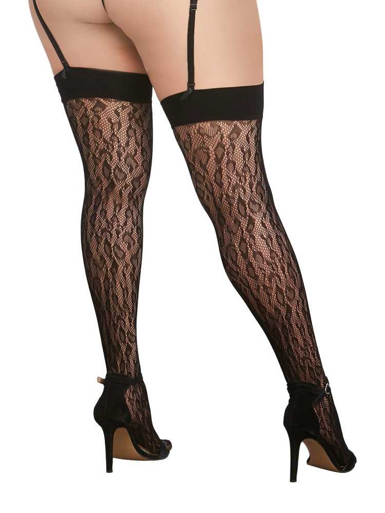 Bas grande taille  noir en résille avec motif léopard. - DG0347XBLK
