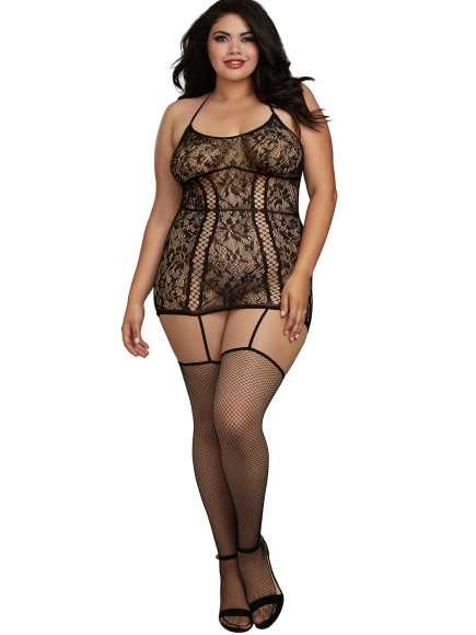 Combinaison grande taille en dentelle et lanières entrecroisées devant et derrière - DG0331XBLK