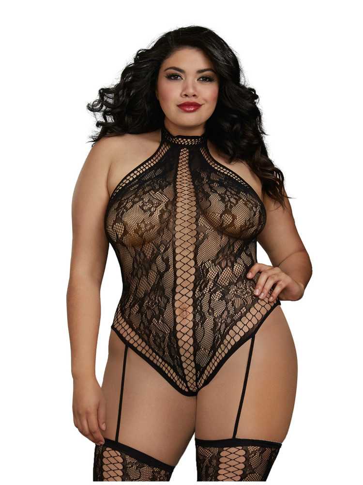 Combinaison Grande Taille dans un style Body string en dentelle avec des détails croisés - DG0329XBLK