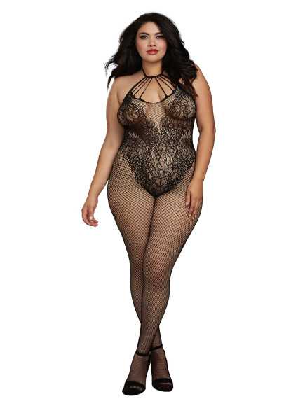 Bodystocking Grande taille résille dans un style Body avec magnifique décolleté à lanières - DG0326XBLK