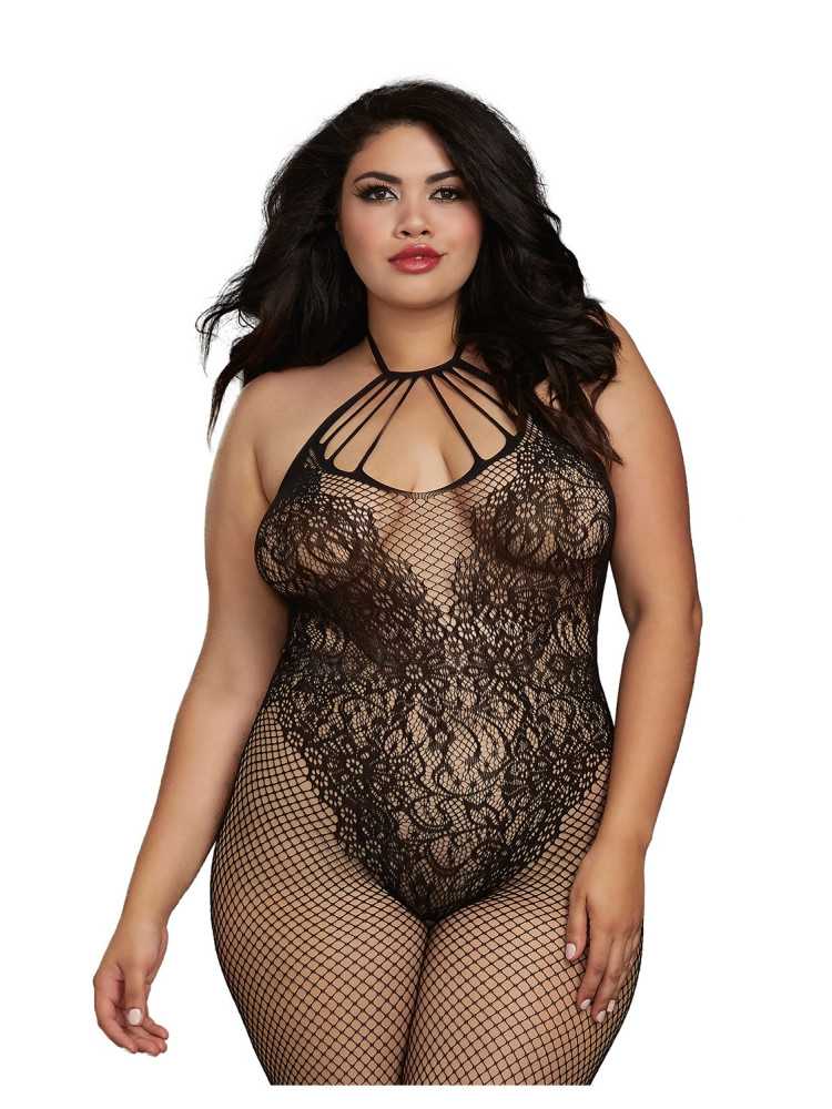 Bodystocking Grande taille résille dans un style Body avec magnifique décolleté à lanières - DG0326XBLK