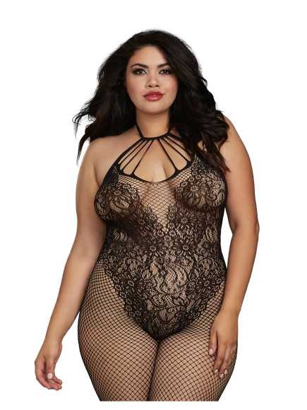Bodystocking Grande taille résille dans un style Body avec magnifique décolleté à lanières - DG0326XBLK