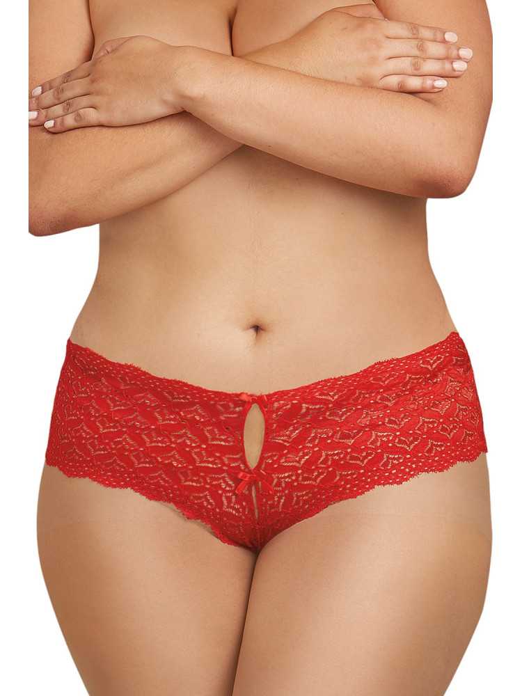 Shorty rouge grande taille de dentelle ouvert et ajouré sur les fesses forme coeur - DG1442XRED
