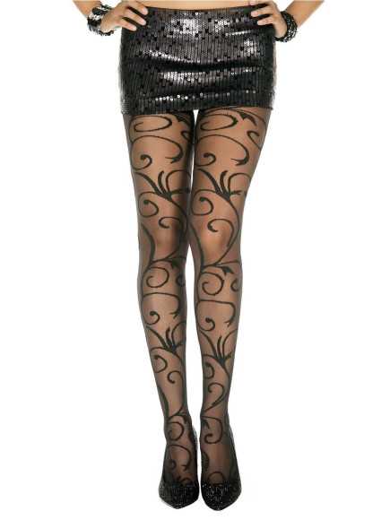 Collant fantaisie noir nylon avec fioritures - MH7129BLK